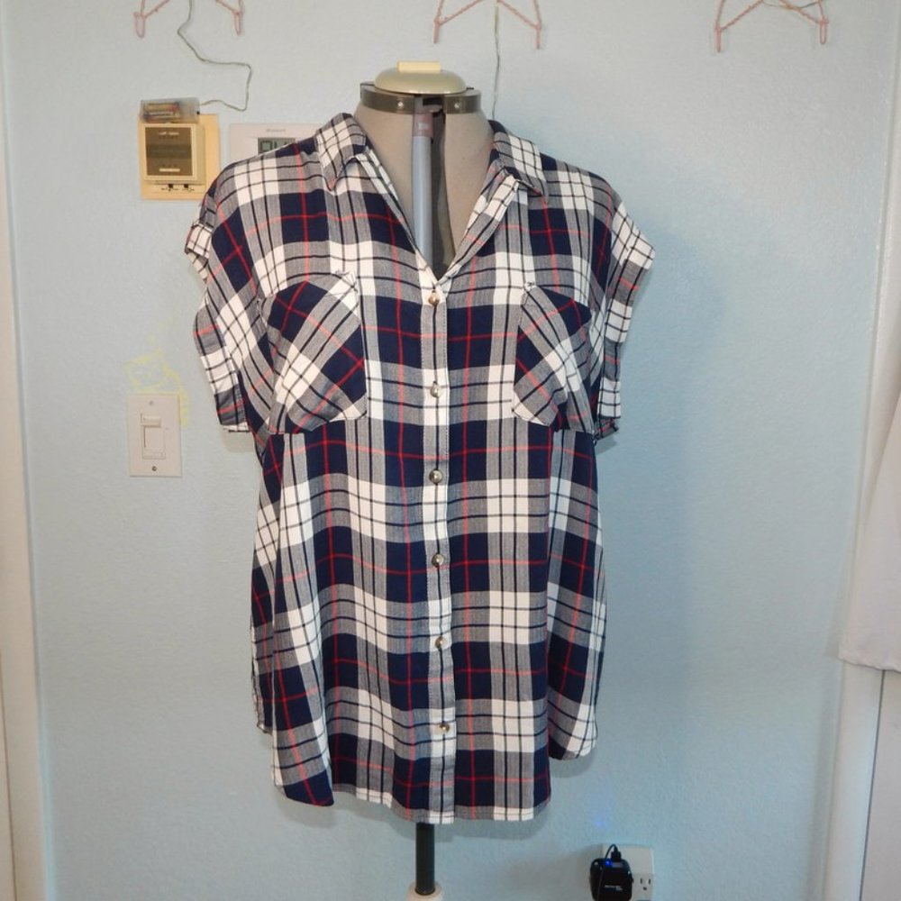 Jachs Girlfriend New York Plus Size XXL Blue Plaid Blouse Shirt Top New NWT